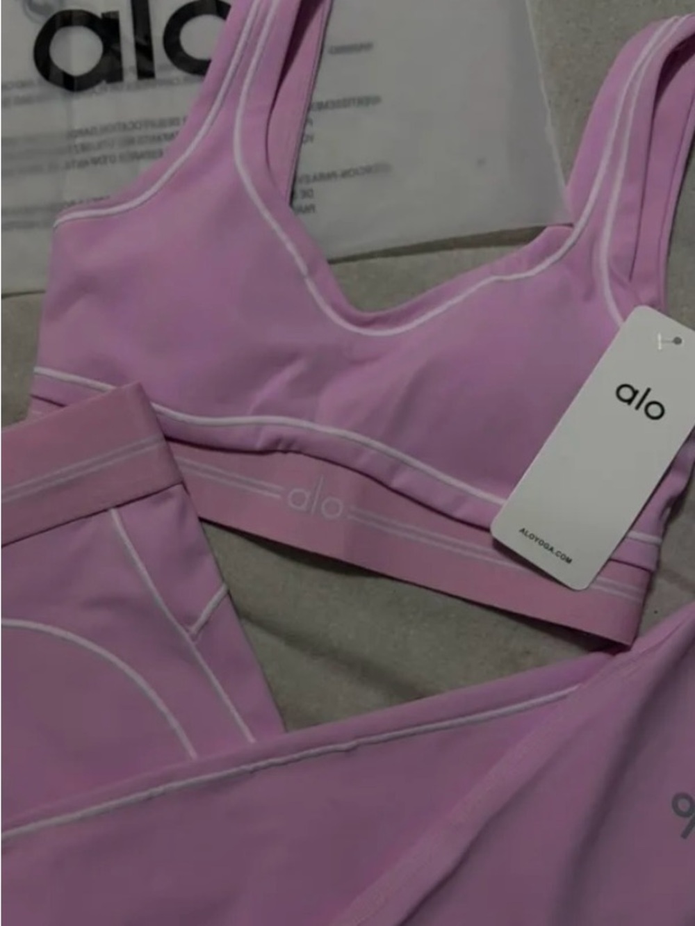 ALO Yoga Pink Sports Bra & Leggings set with White Contrast Piping
